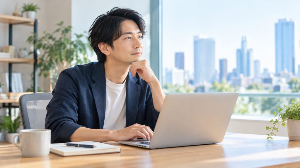 不動産業界への転職を考えながらパソコンを見る30代の人物