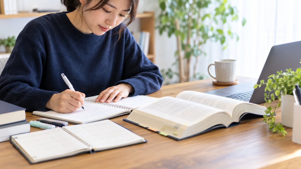 机で法律の資料を読みながら学習する人